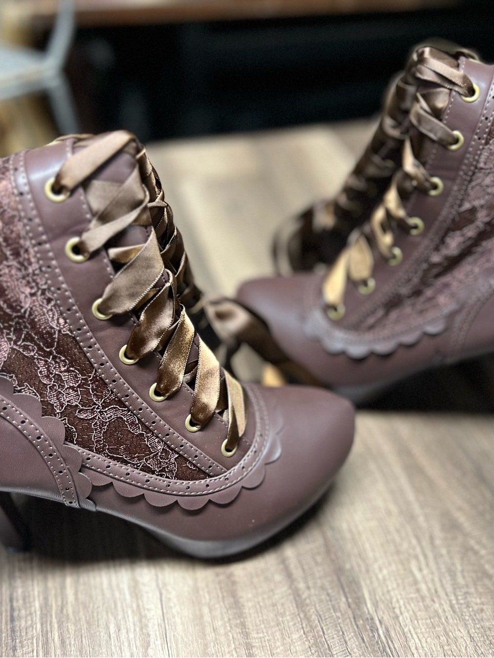 Lace Panel Brown Women's Heeled Ankle Boots